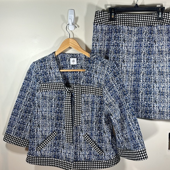 Cabi Woman's 21 Club Jacket and Skirt Set Hounds Tooth Black White Blue - Picture 1 of 14